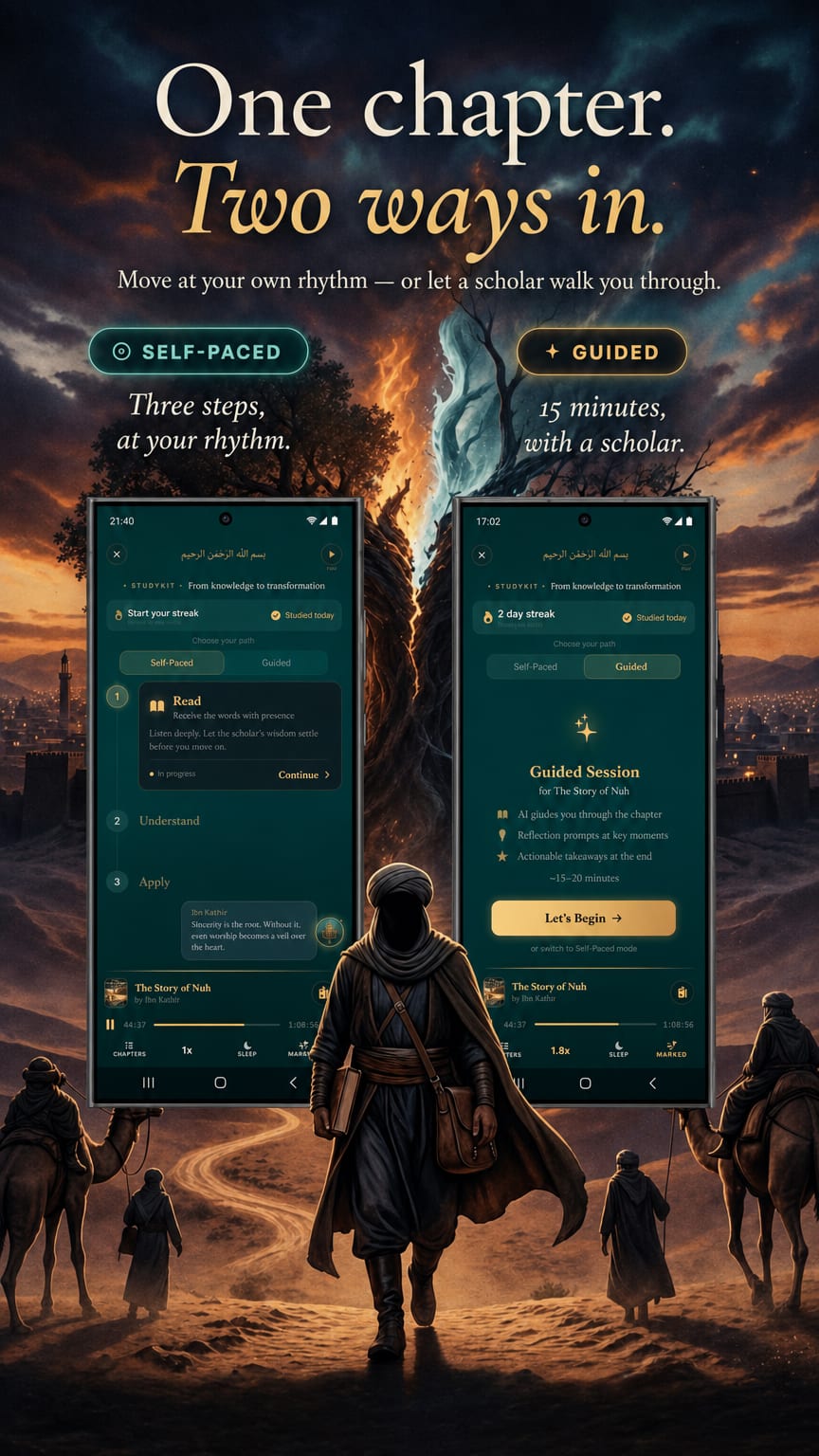 StudyKit on Android showing two modes for a chapter: a self-paced Read–Understand–Apply path and a 15-minute guided session.