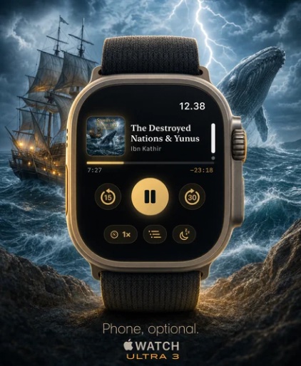 Joyful Muslims on Apple Watch — Now Playing, chapter list, and up-next queue.
