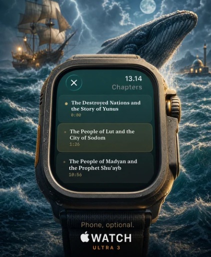 Joyful Muslims on Apple Watch — Now Playing, chapter list, and up-next queue.
